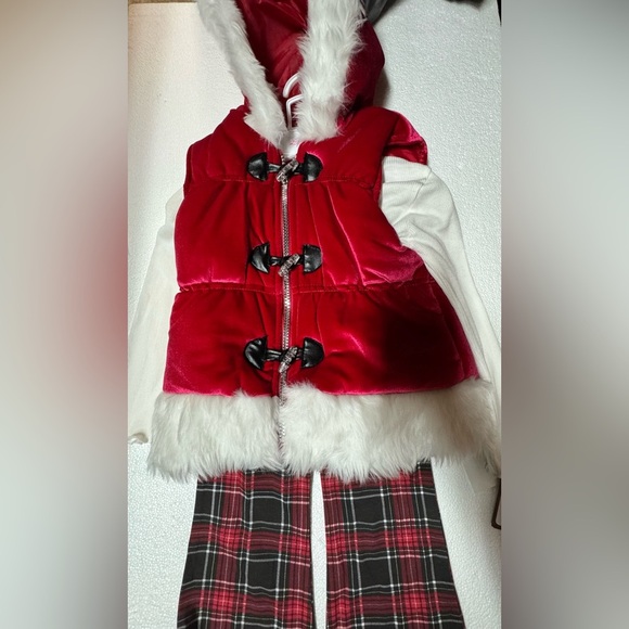 Little Lass 3 Pcs Faux Fur Hooded Jacket & Shirt + Plaid Pants - Picture 8 of 8
